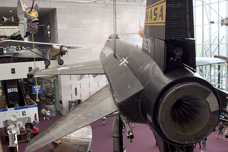 From Lindbergh through space program (X plane; Apollo capsule) to Mars (Mariner? probe). National Air and Space Museum, Washington, D.C.