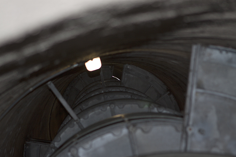 Inside, looking up at the spiral staircase