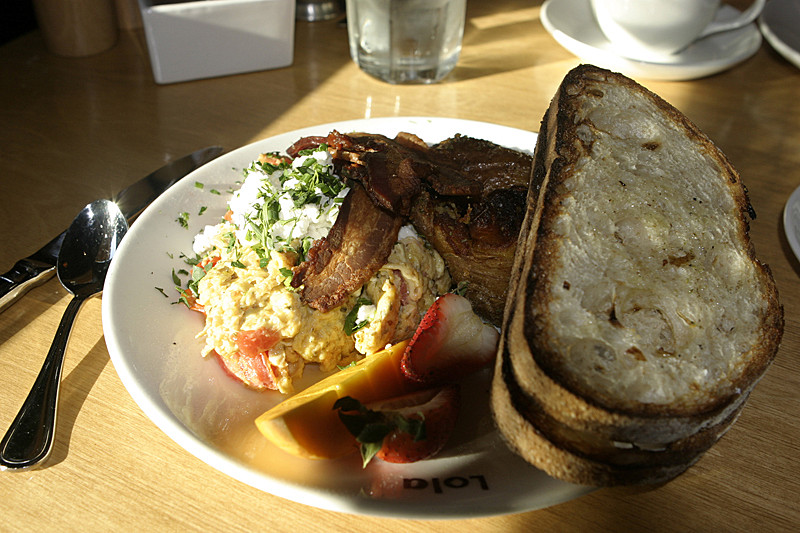 Greek scramble, with bacon, taters and bread